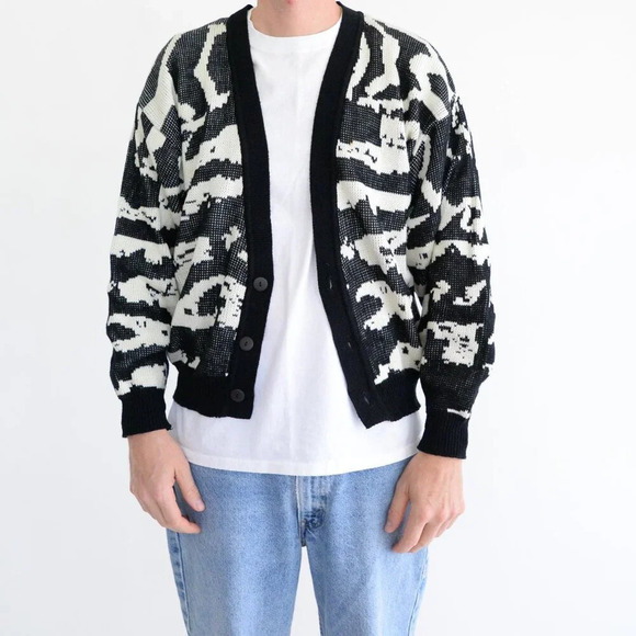 Vintage 90S Koman Black And Cream Knit Button Up Cardigan Sweater Medium - Picture 1 of 9